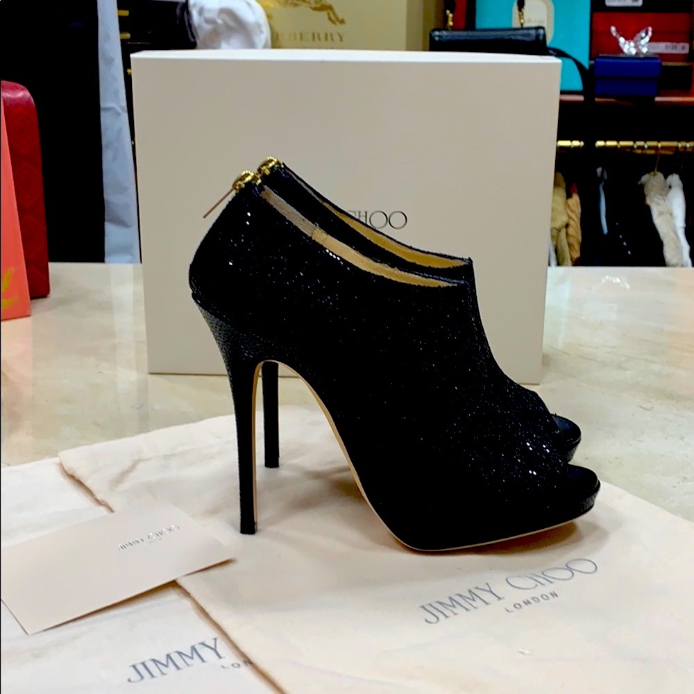 JIMMY CHOO GLINT BLACK KID LEATHER STILETTOS W/PLATFORM BOOTIES EU38.5 - Picture 2 of 8
